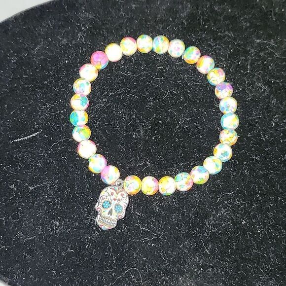 Hand Crafted Jewelry - 🦉Handmade Fiesta soul multi color oil painted beaded sugar skull bracelet